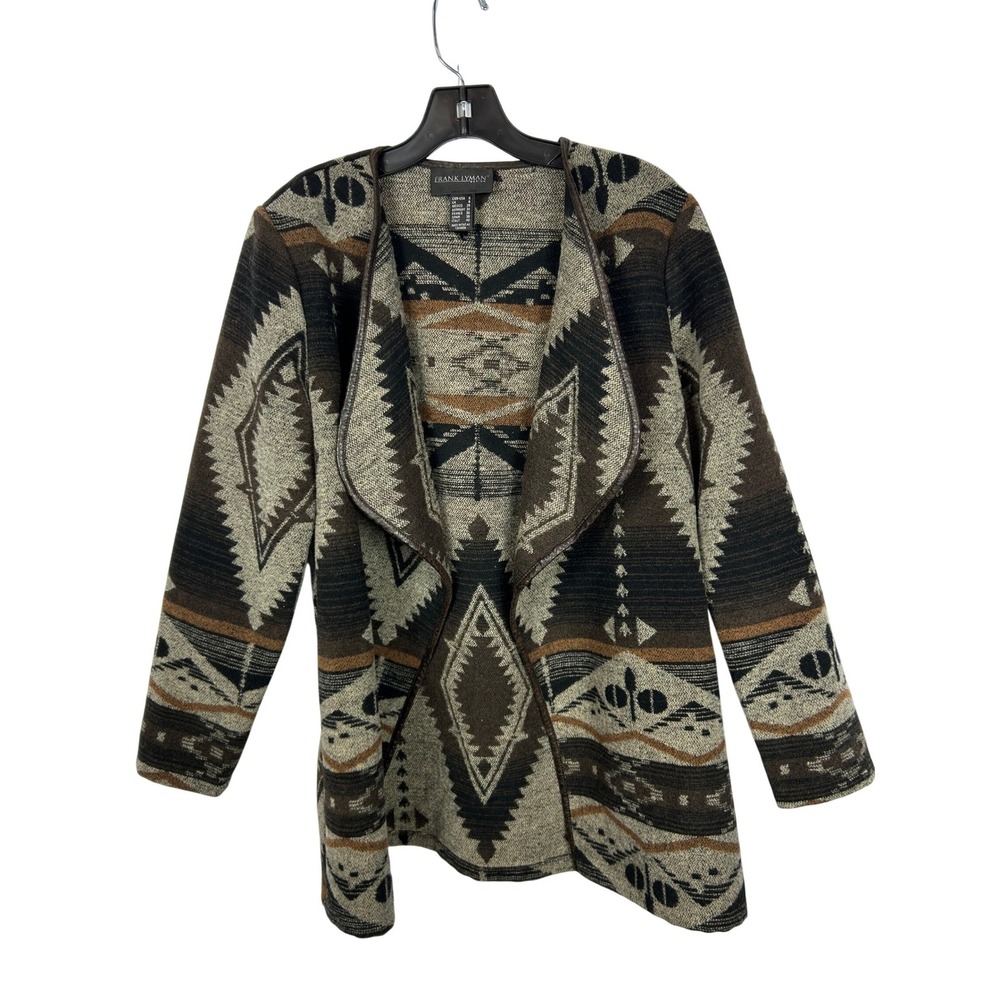 Frank Lyman Southwestern Aztec Open Front Cardigan Brown Casual Knit Sweater S/6